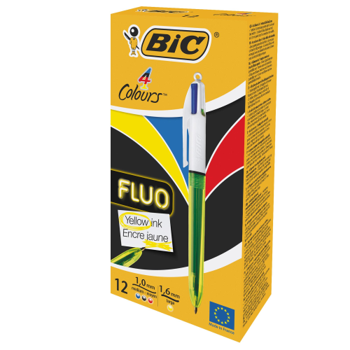 BIC 4 COLOUR FLUO PENNA A SFERA 4 COLORI DI INCHIOSTRO 3 PUNTA MEDIA + 1 PUNTA LARGA CONF. 12 Pz.